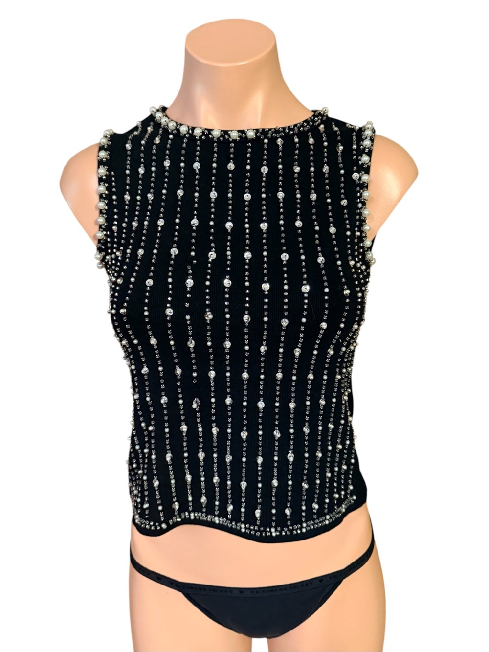 Vintage 90s Lizette Womens Large Black Beaded Pearl Tank Top Sequin Party Shirt
